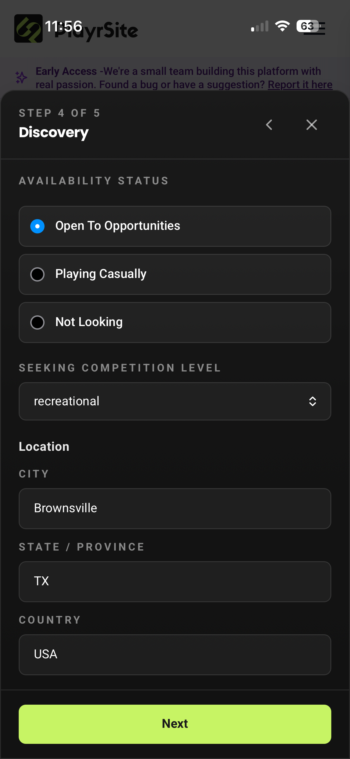 PlayrSite Discovery step: set availability, competition level, and location